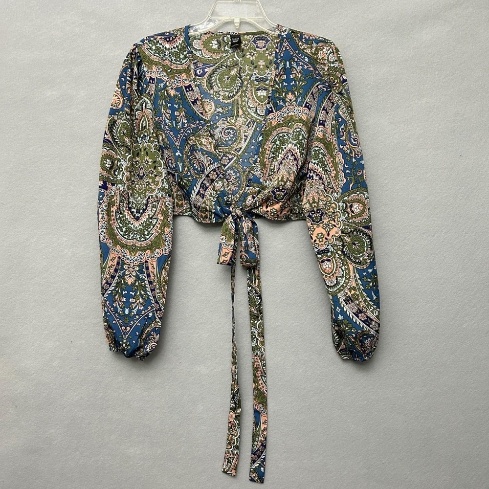 SHEIN Curve Paisley Tie Front Crop Top Womens 2XL Blue Green Boho Long Sleeve - Picture 2 of 16